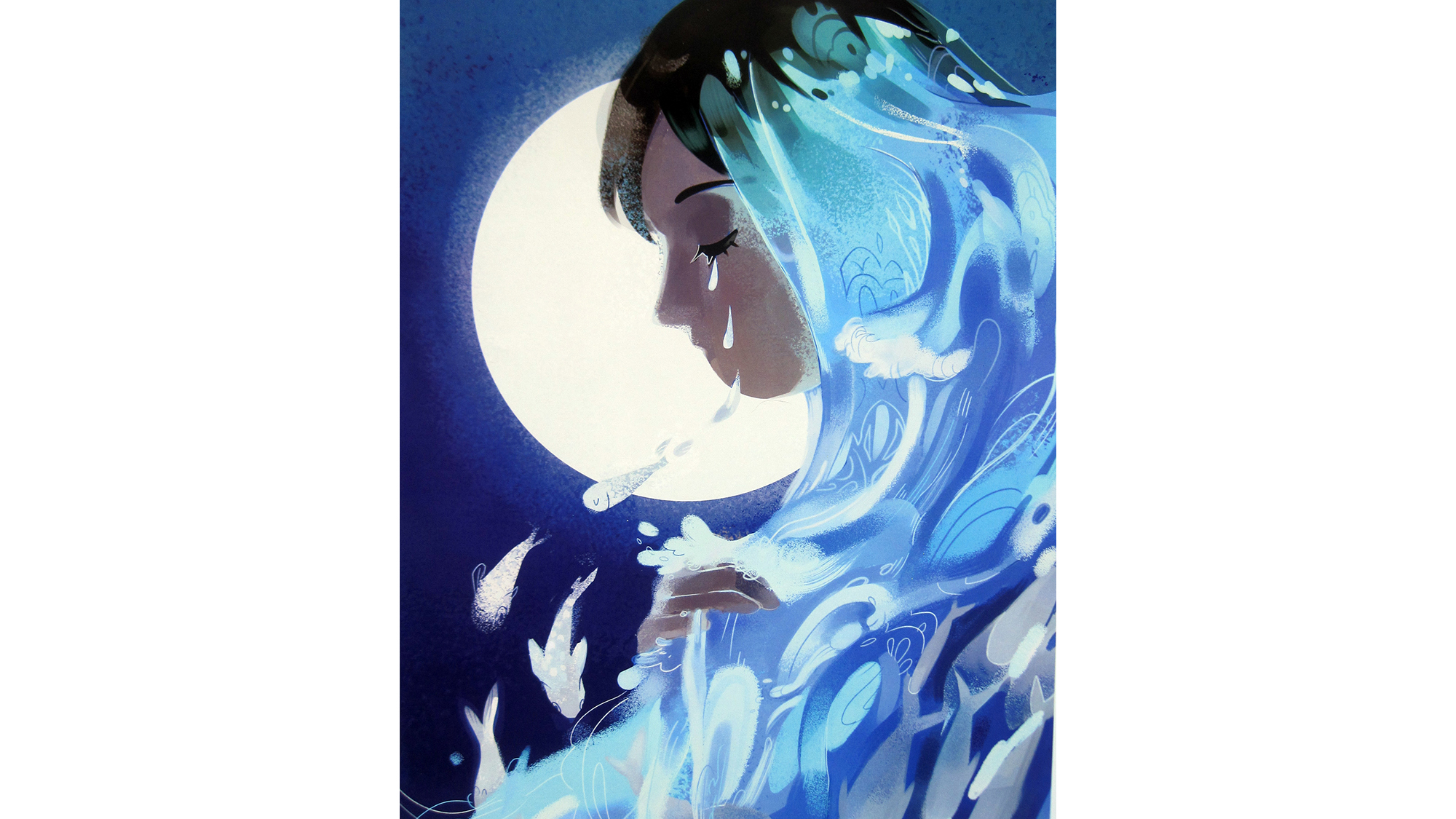 A girl with water in the foreground and the moon in the background