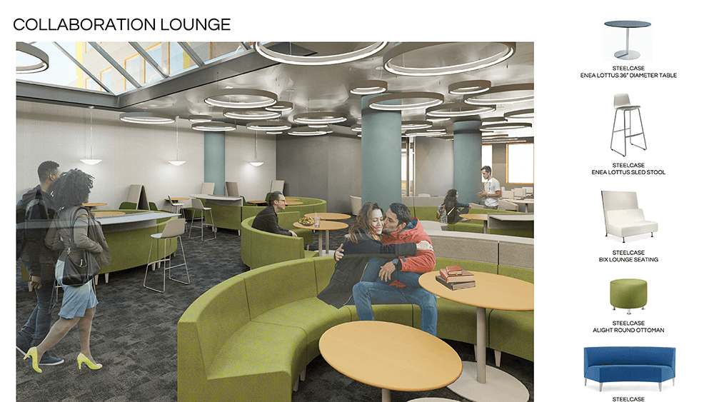 Rendering of the interior of a collaboration lounge for an urban campus