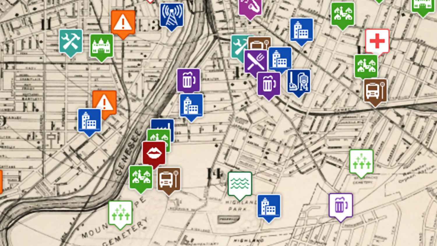 Old, sepia-colored map of rochester with colorful pins dropped on various locations