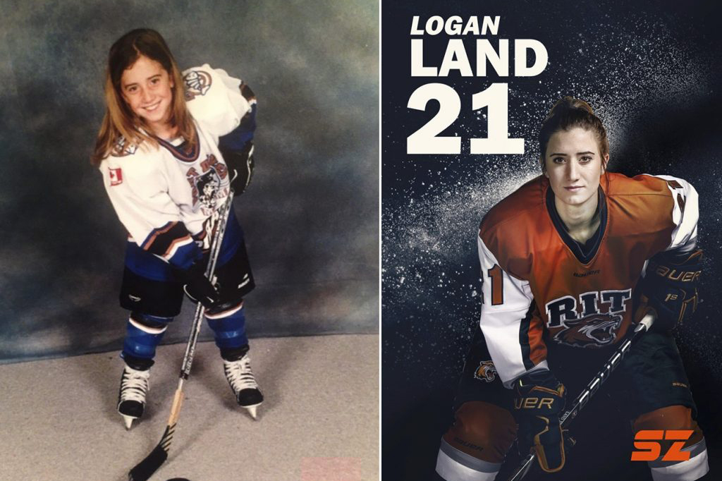 A split image of Logan Land's hockey photo now and when she was young.