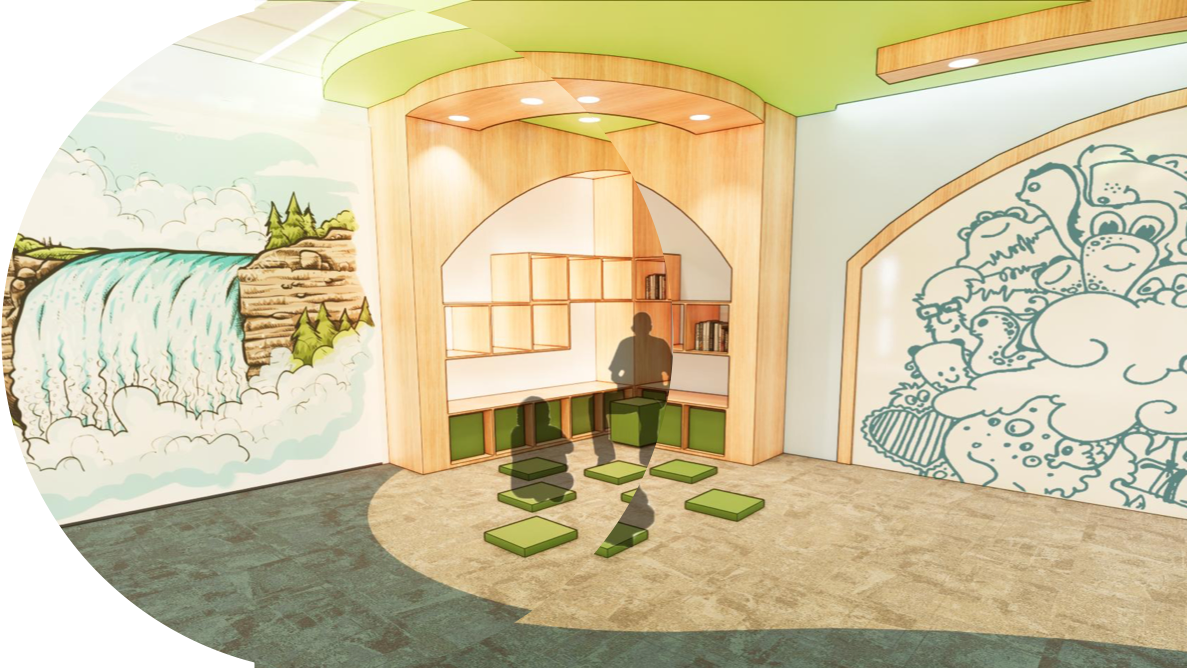 A rendering of a space for children's story time. 