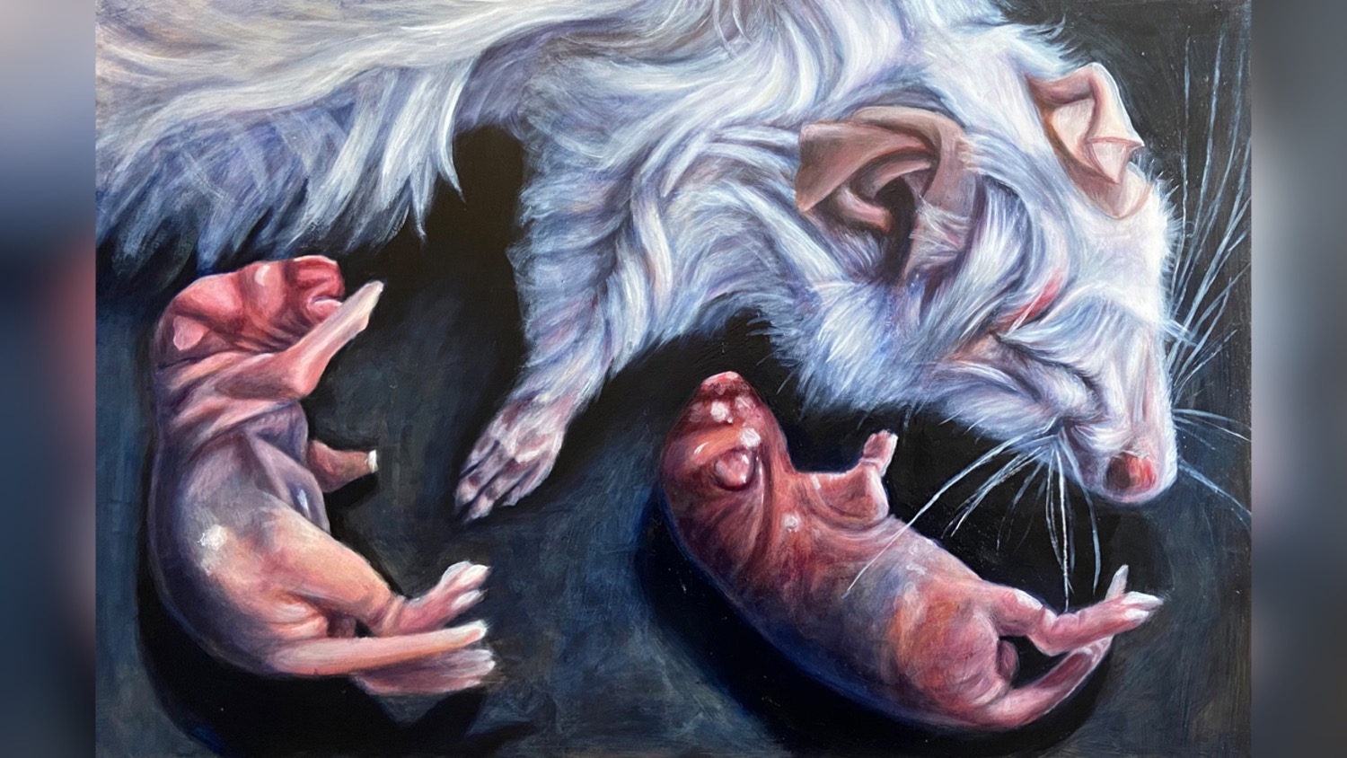 A painting of one large and two small mice as they pass away.