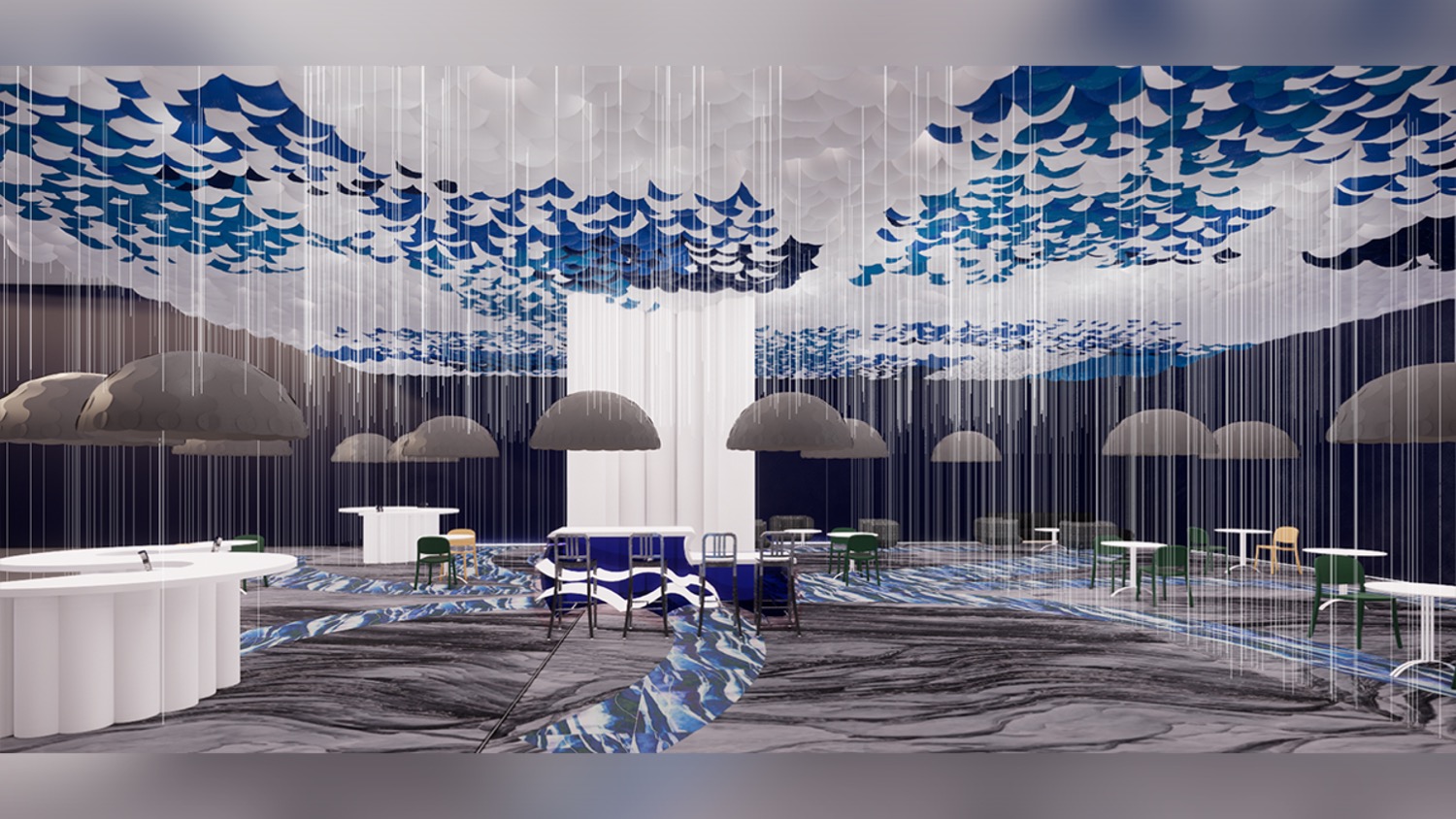 A rendering of a bar and cafe that gives the appearance it's raining. 