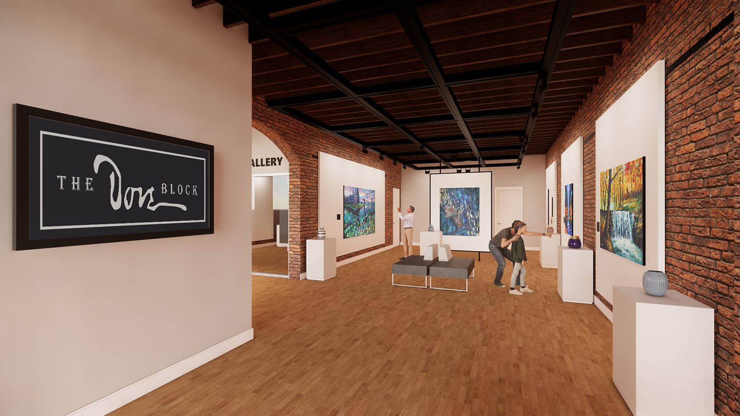 A rendering with people engaging with a gallery space.