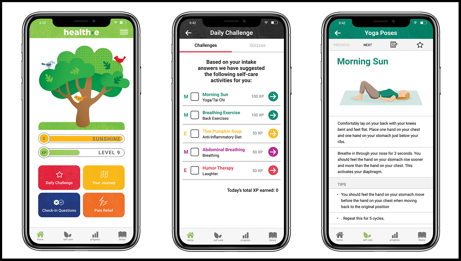 A series of three views of the Health-e Journey mobile app design.