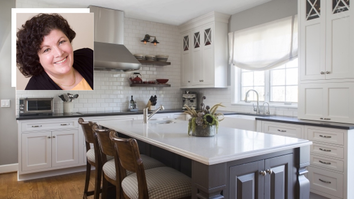 A headshot of Robin Muto set over one of her kitchen designs. 