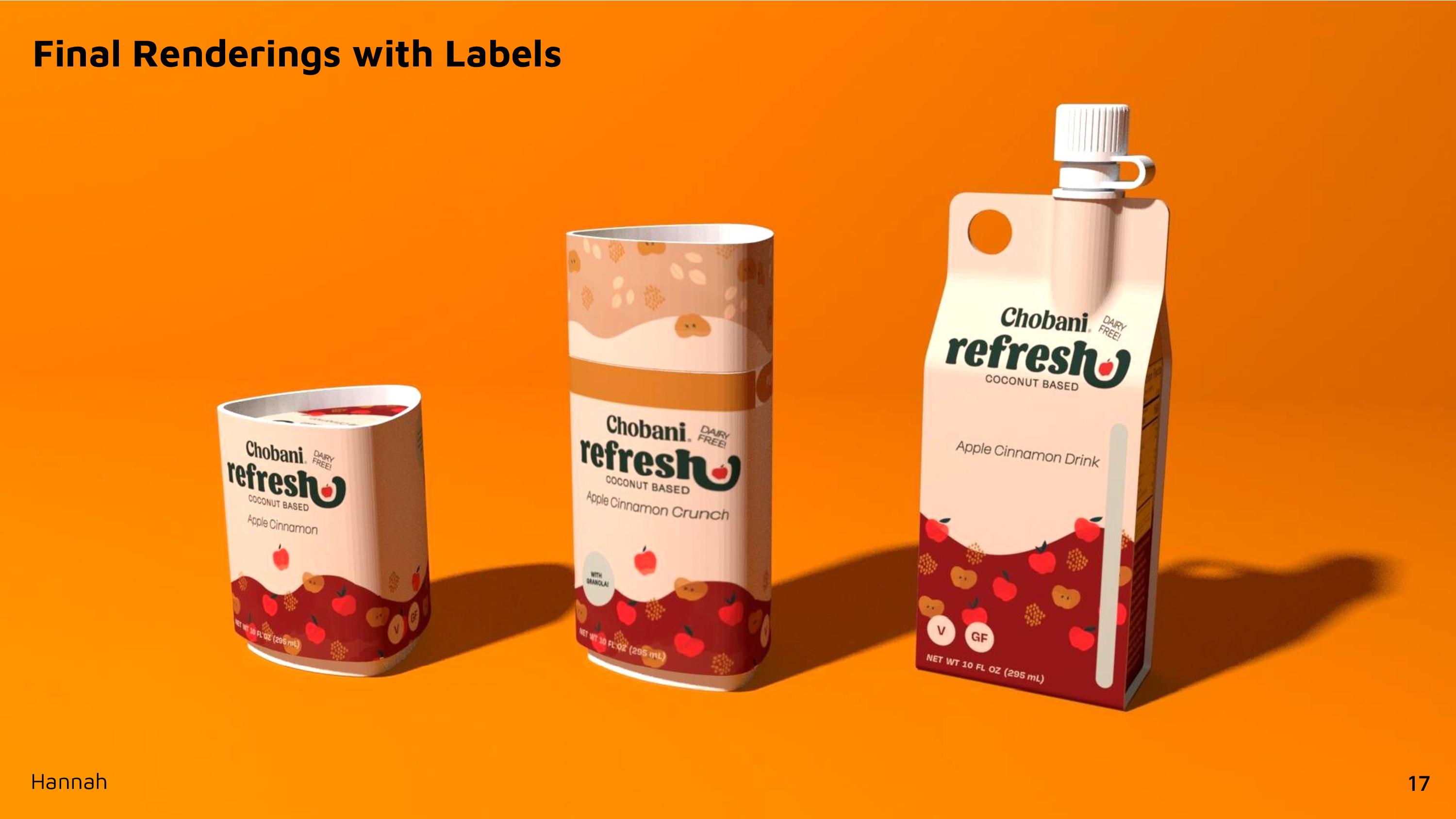 Three packaging designs for apple cinnamon flavored yogurt.