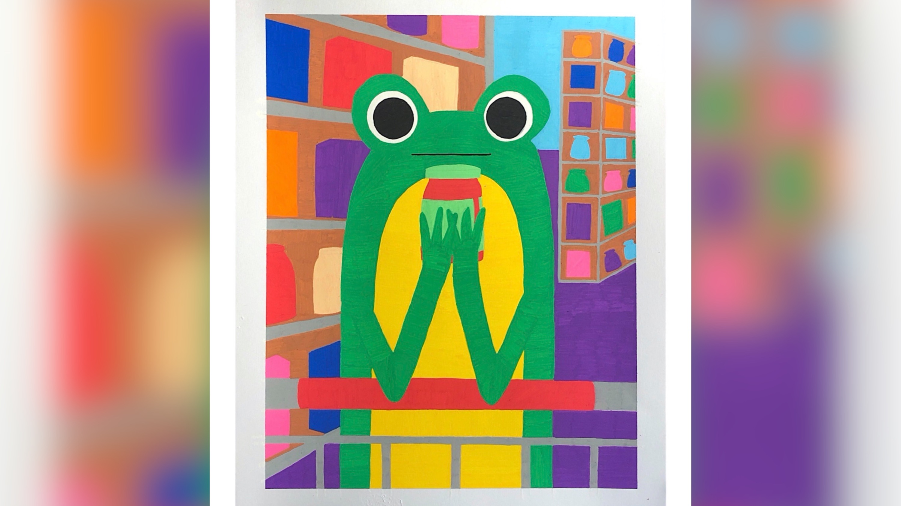An illustration of a frog behind a shopping cart.