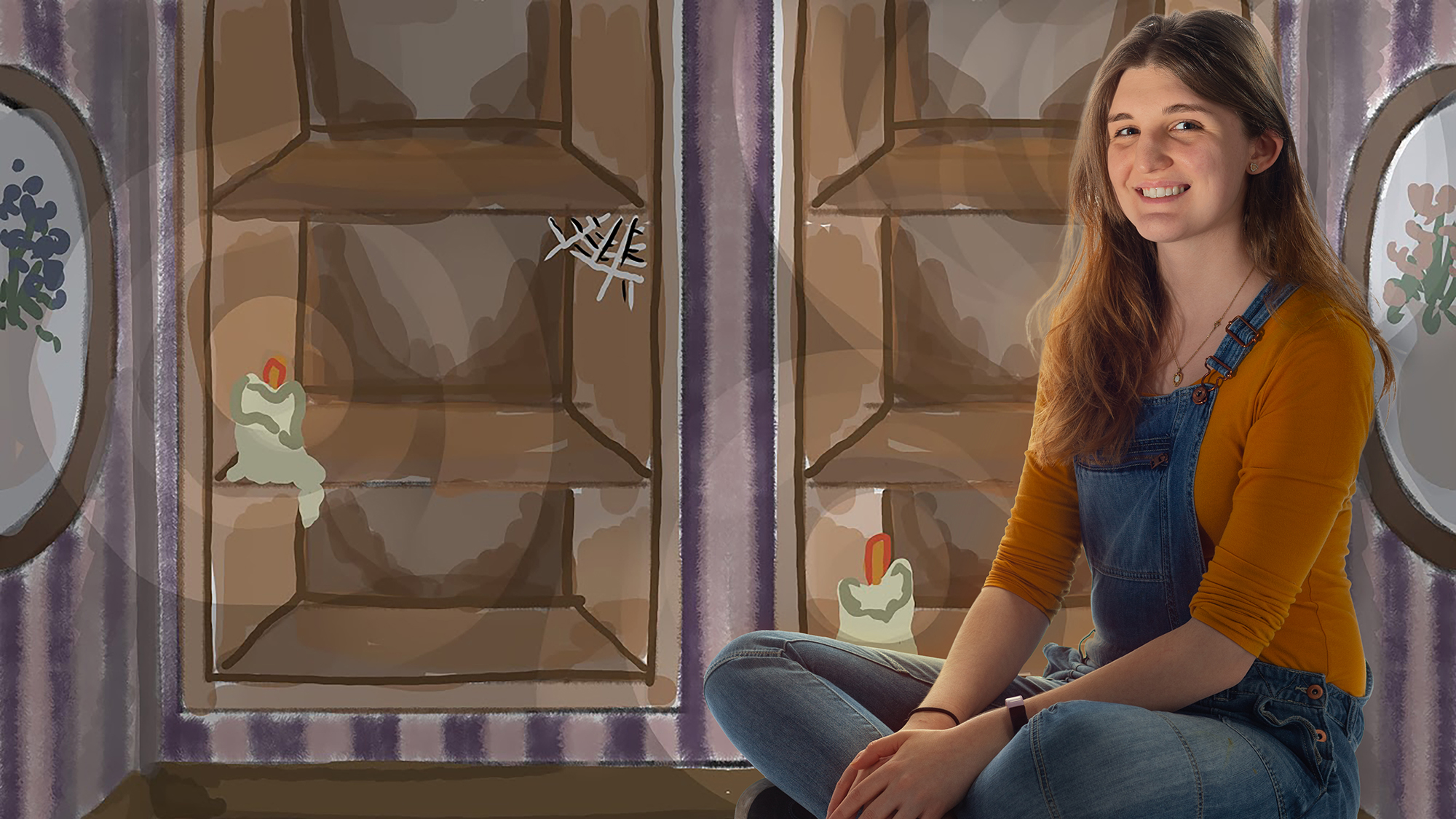 A composite portrait of Julie Toich over an illustration of cabinets with spider webs and lit candles.