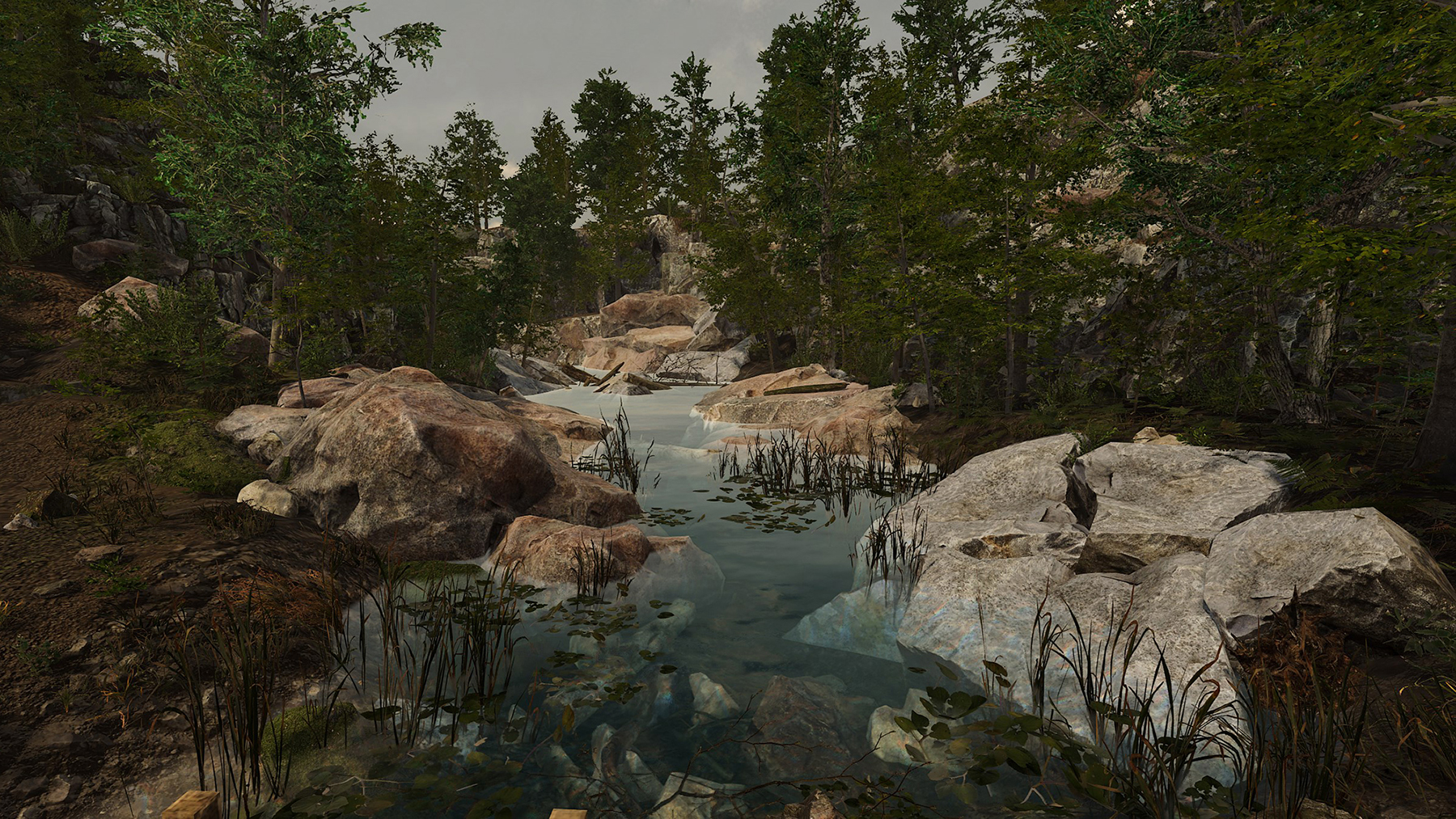 An animated scene of trees and rocks surrounding a creek.