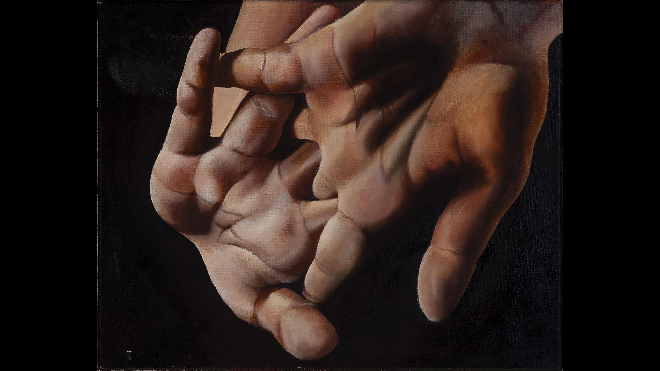 A painting of two interlocking hands.