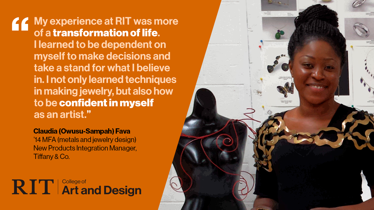 A graphic with Claudia (Owusu-Sampah) Fava next to an RIT testimonial.