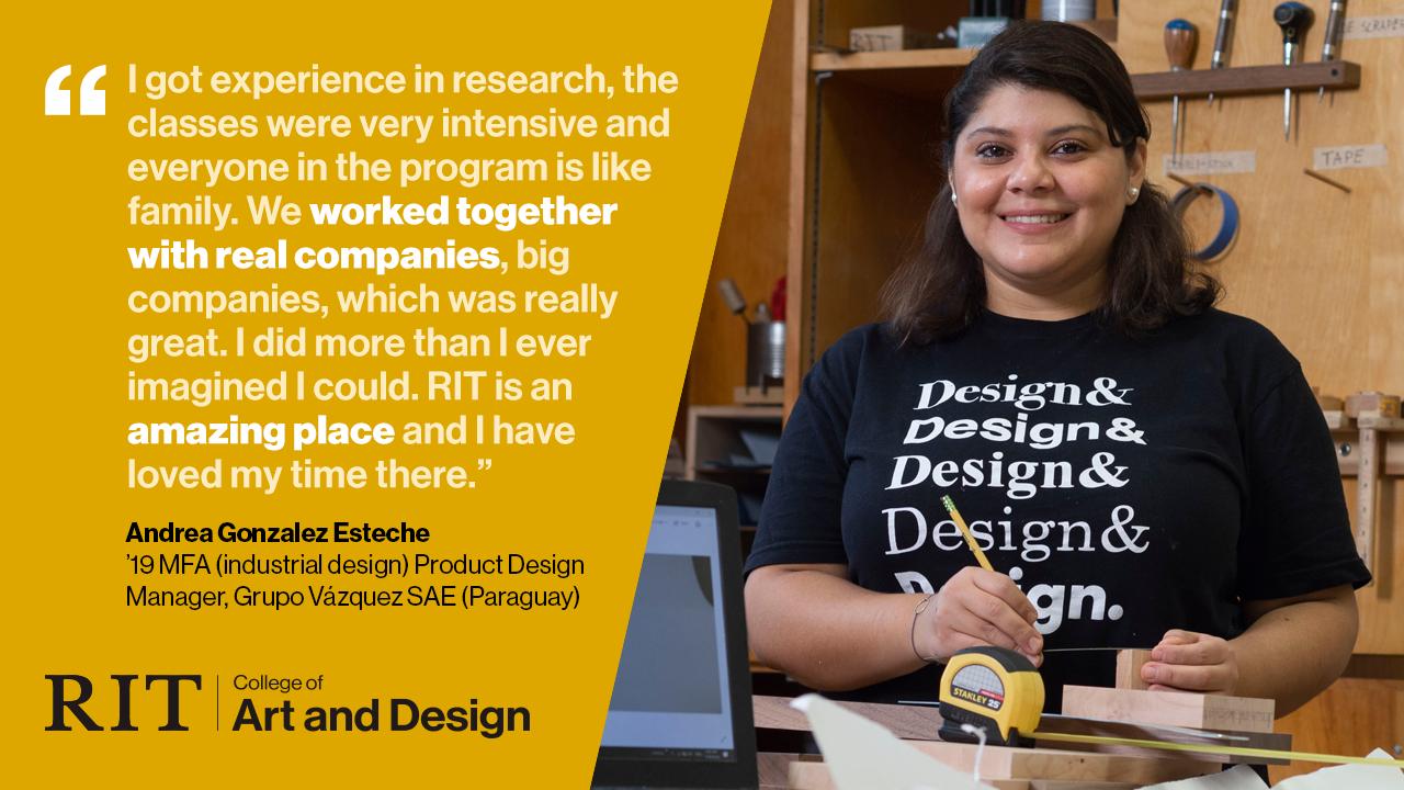 A graphic of Andrea Gonzalez Esteche working in the studio next to an RIT testimonial.