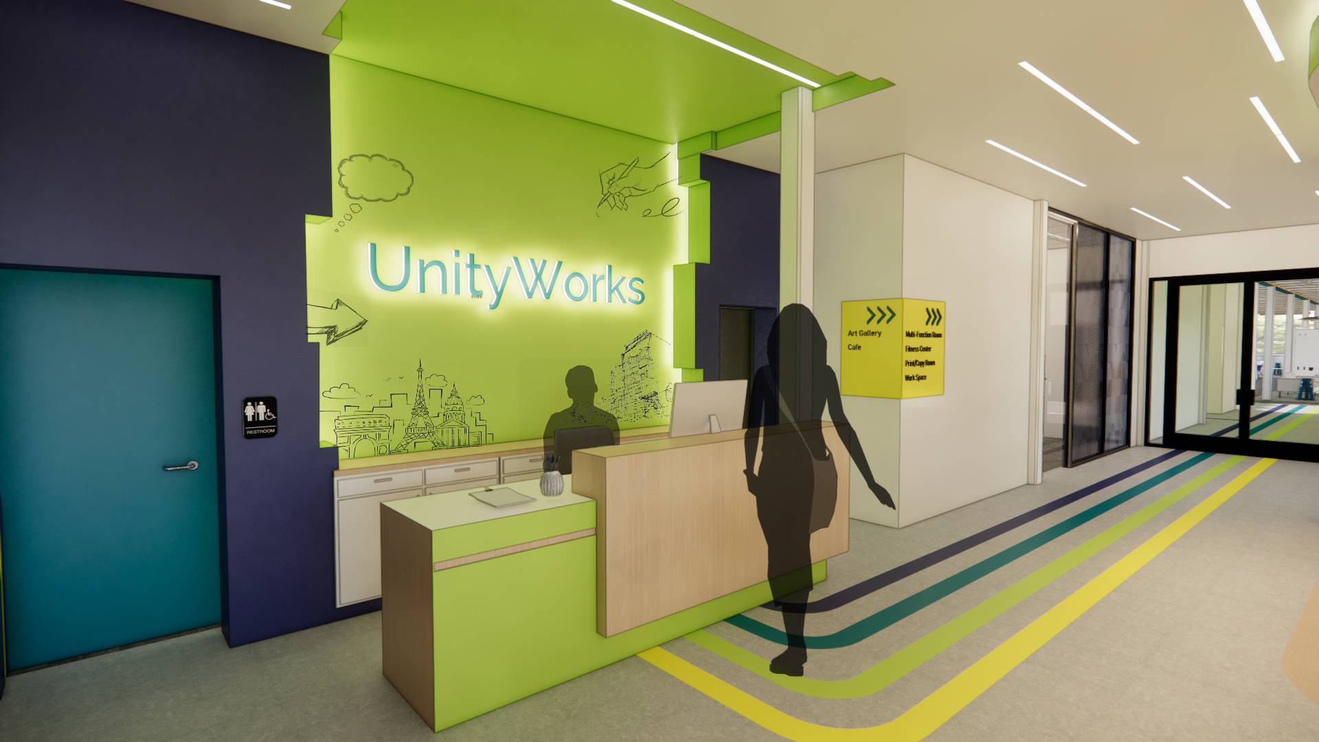 A reception area with a sign that reads UnityWorks.