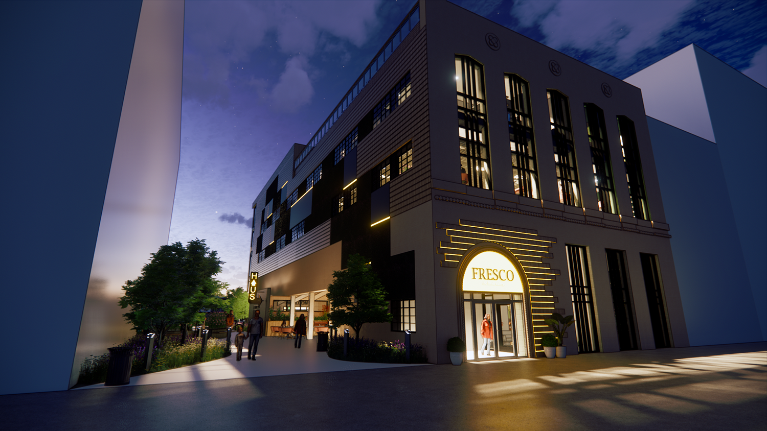 A rendering of the exterior of a building at night.