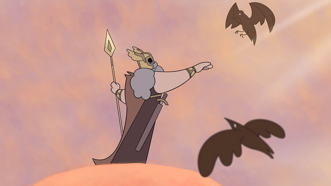 An animated character stands and directs a pair of birds.