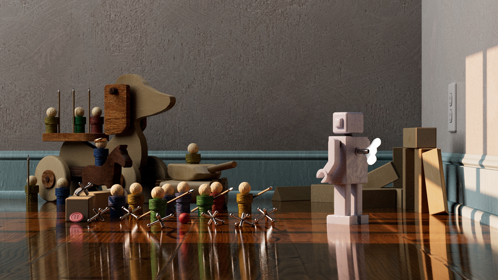 3D render of toys in the corner of a room