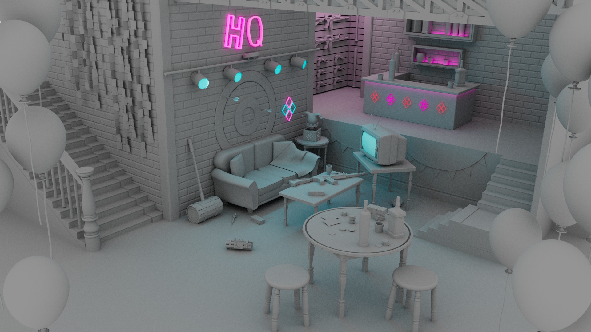 Stylized 3D render of an interior room