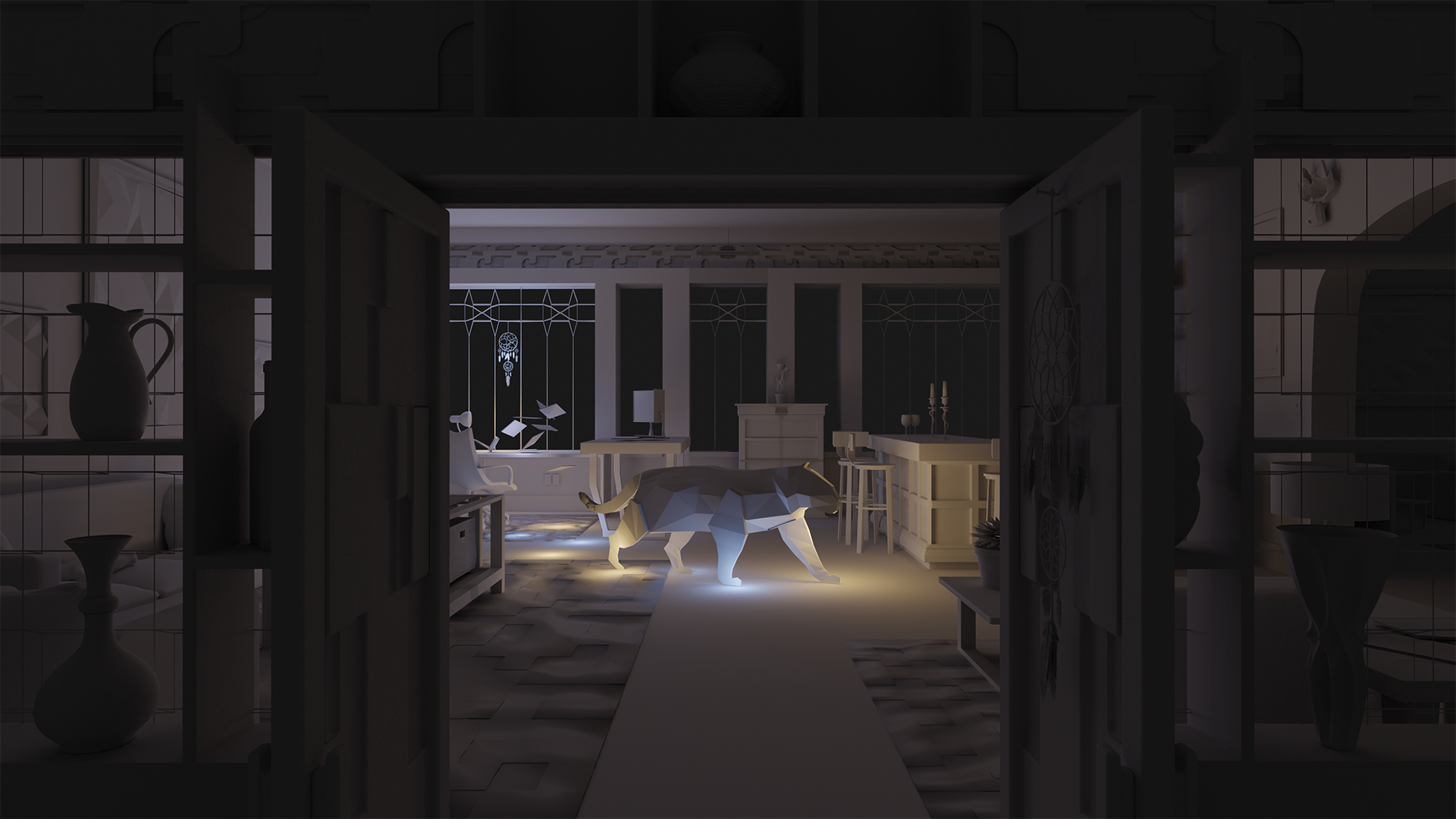 Surreal 3D render of a tiger in the middle of a living room