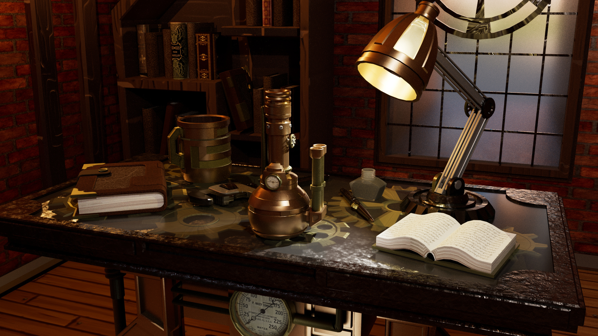 Steampunk style 3d render of an office space