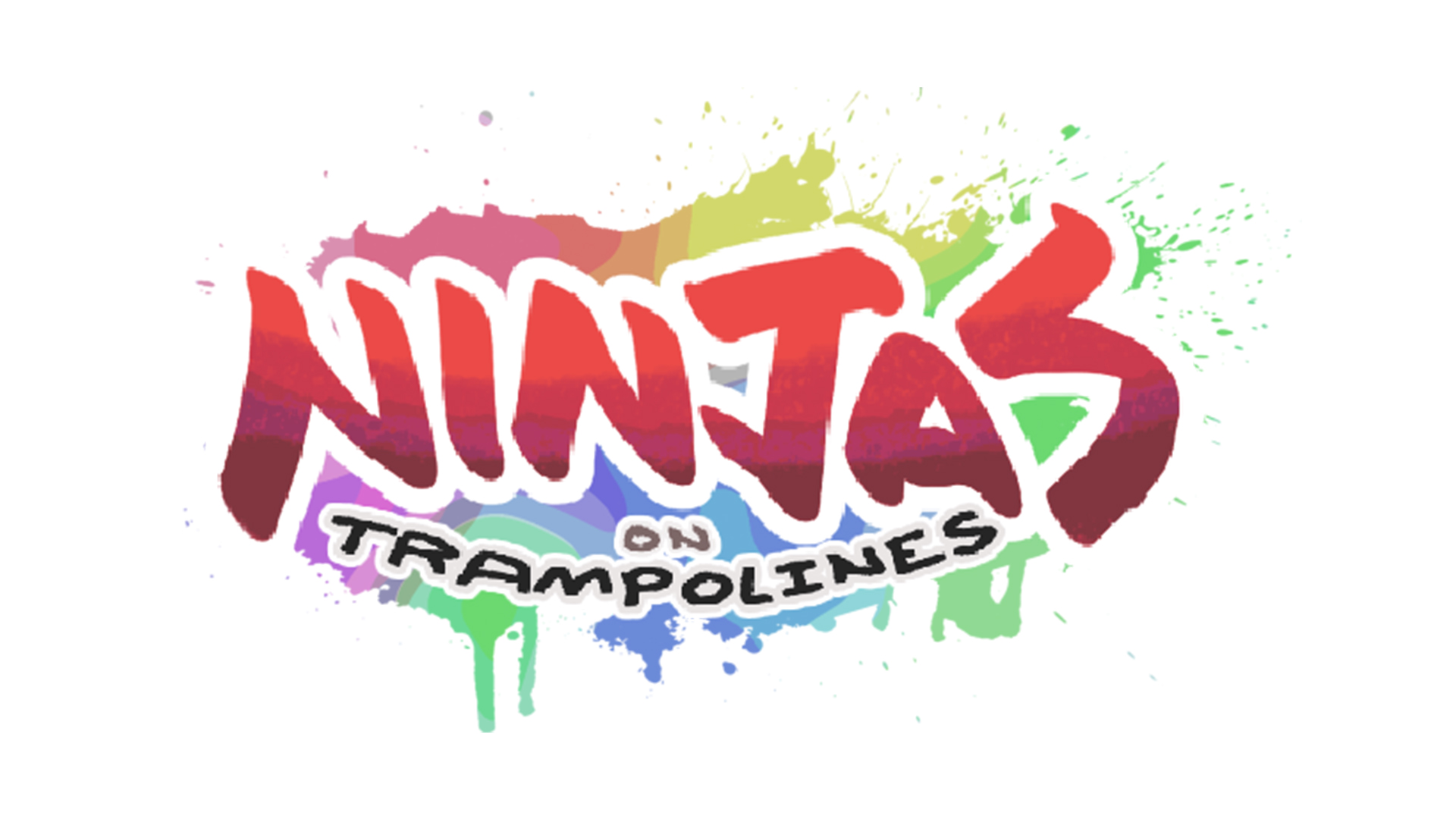 splattered paint text says ninjas on trampolines on white background