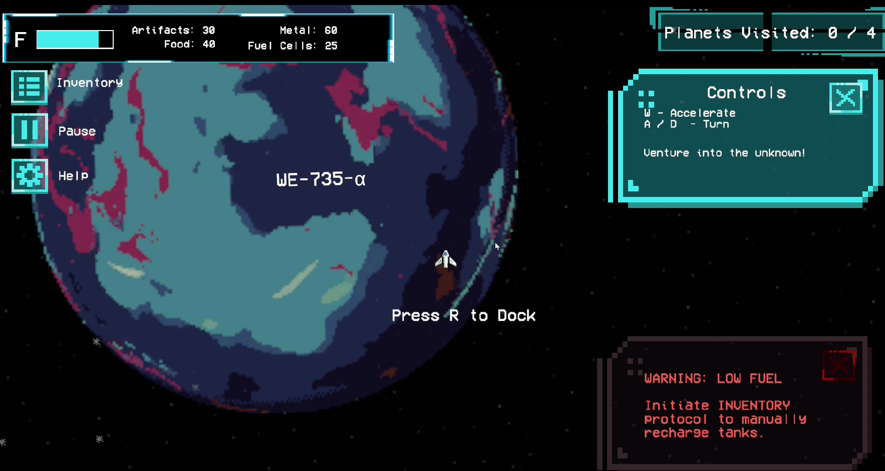 screenshot of the game which is a view of a planet from space with the option to dock at the planet