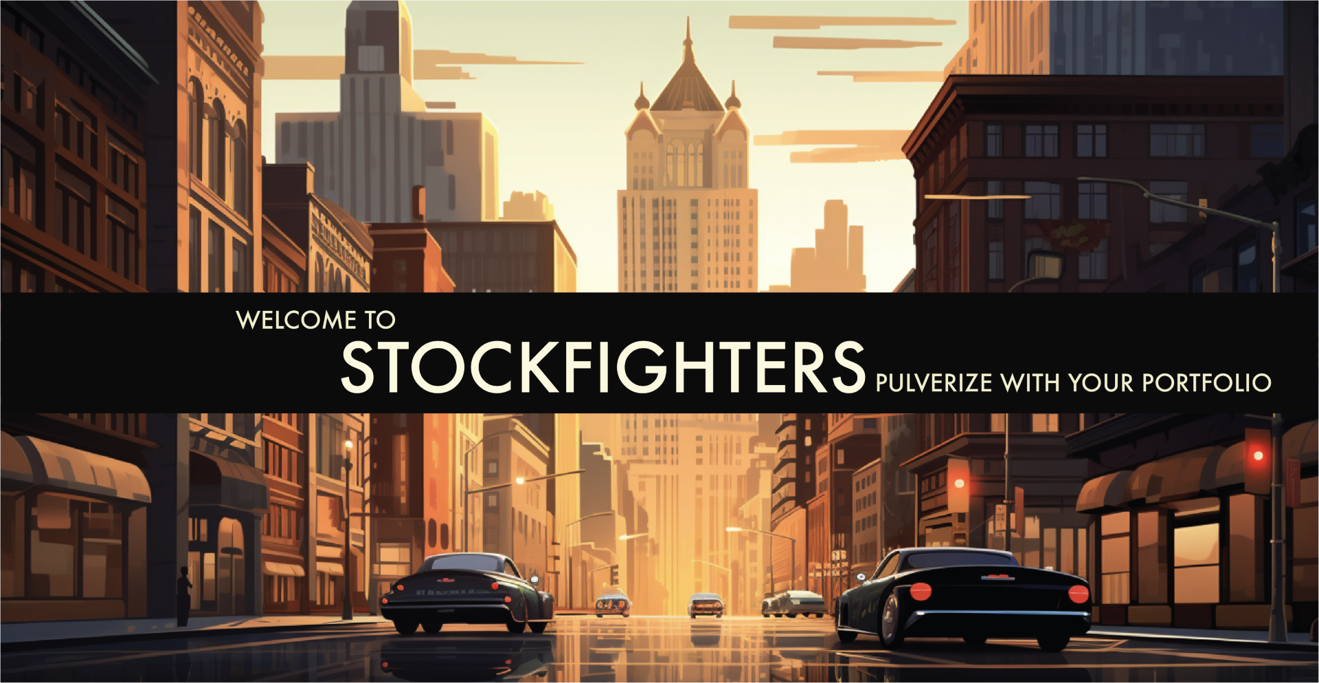 key art from the game stockfighters, title reads welcome to stockfighers pulverize with your portfolio. in the background is cartoon drawing of a city