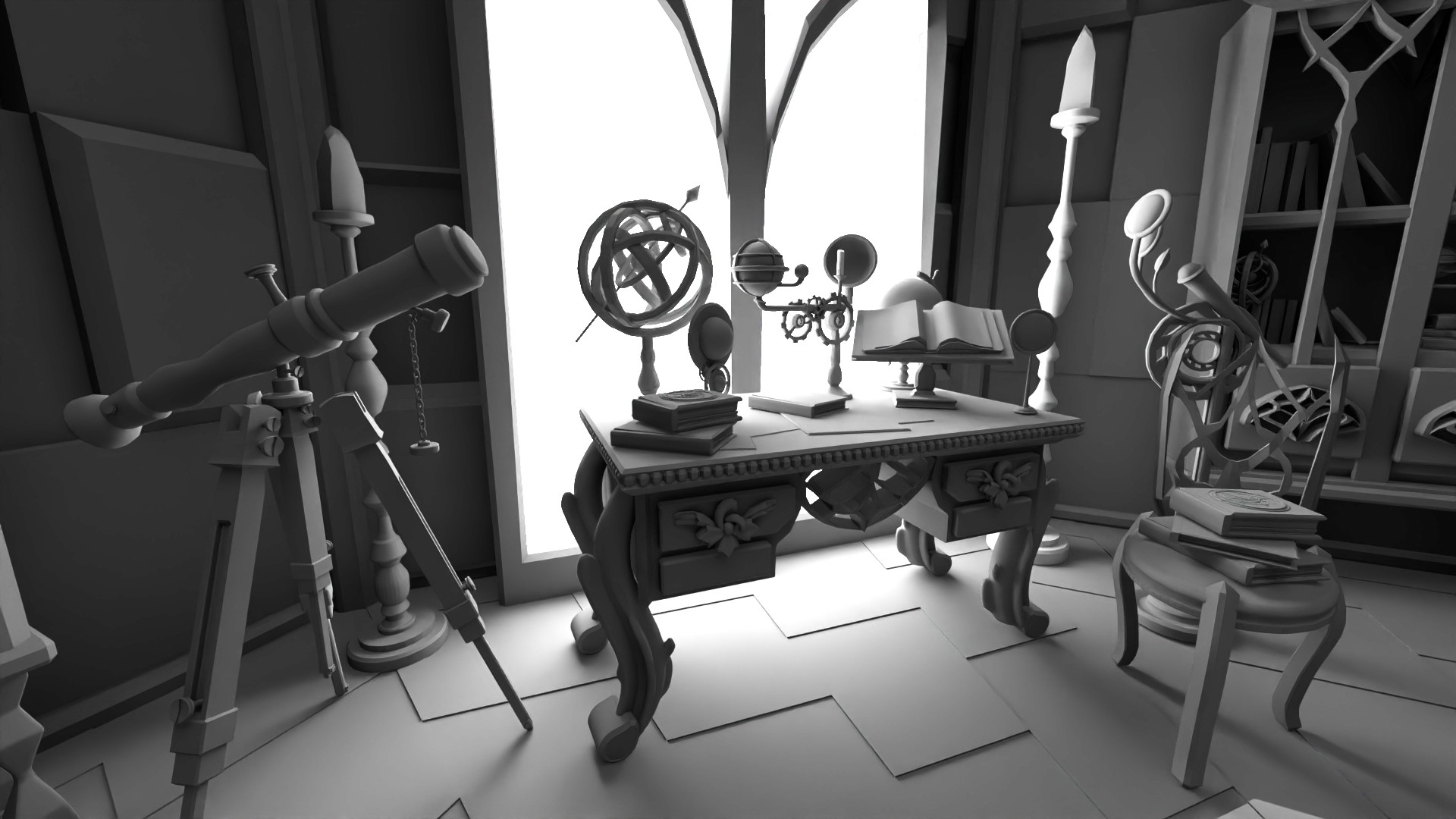 3D render of a desk in a library with an assortment of fantastical objects on it