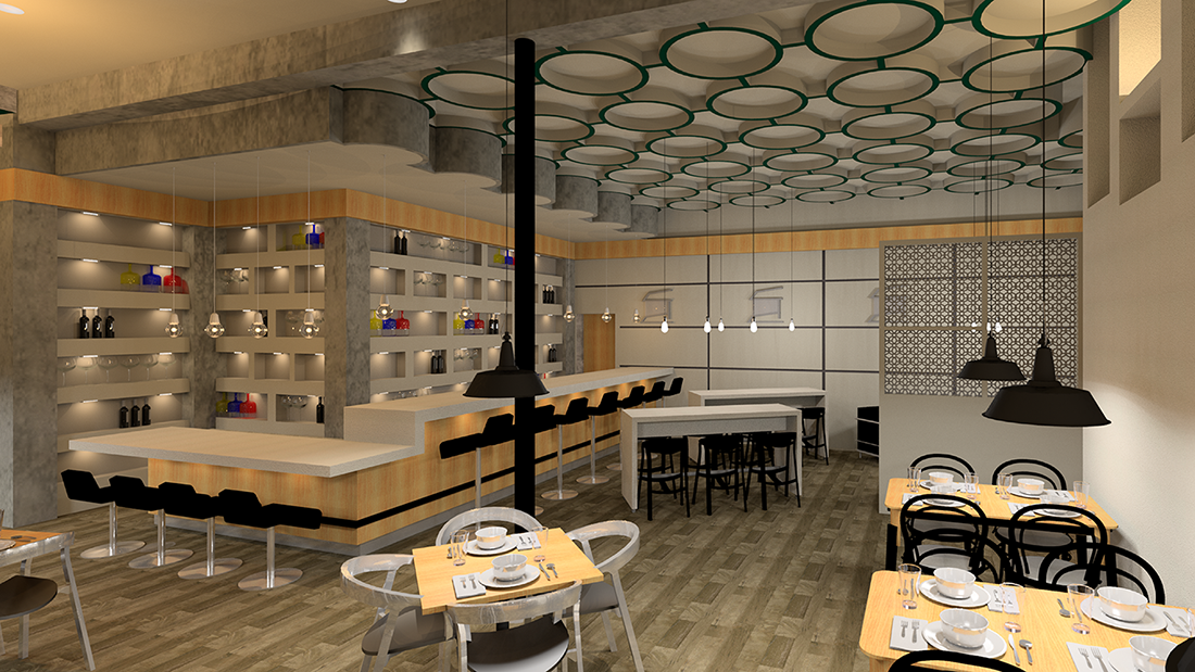 A rendering of a restaurant design.