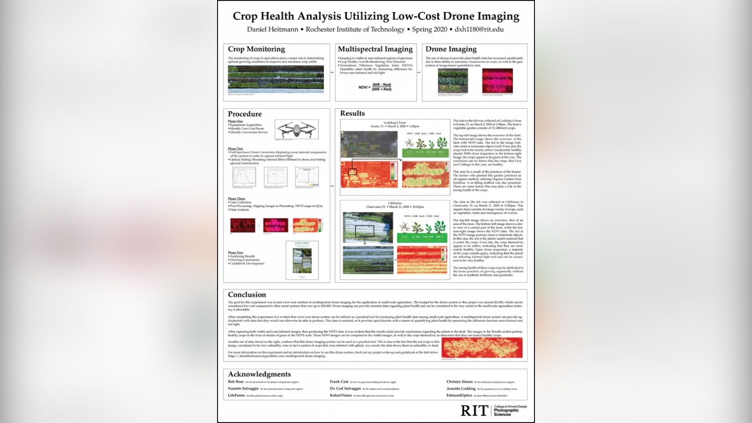 A poster describing crop health analysis using low-cost drone imaging.