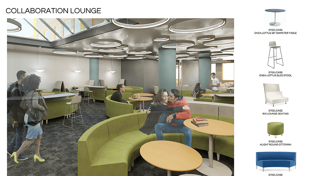 Rendering of the interior of a collaboration lounge for an urban campus.