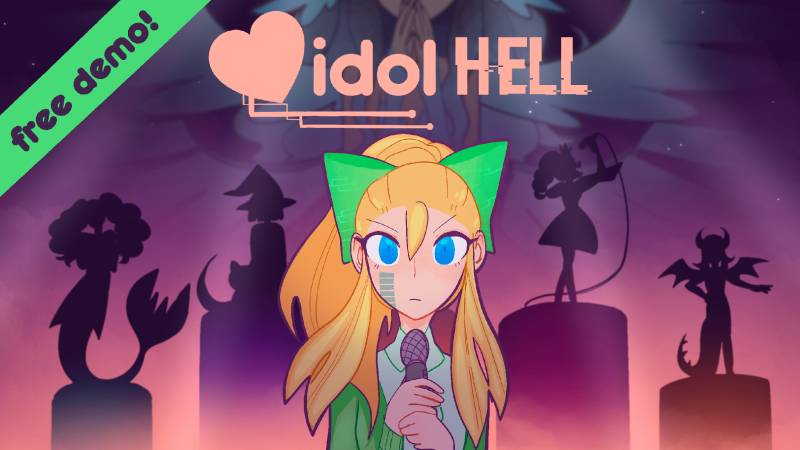 the title of the game reads idol hell. there is a girl with blonde hair holding a microphone. different silhouettes are on pedestals behind her