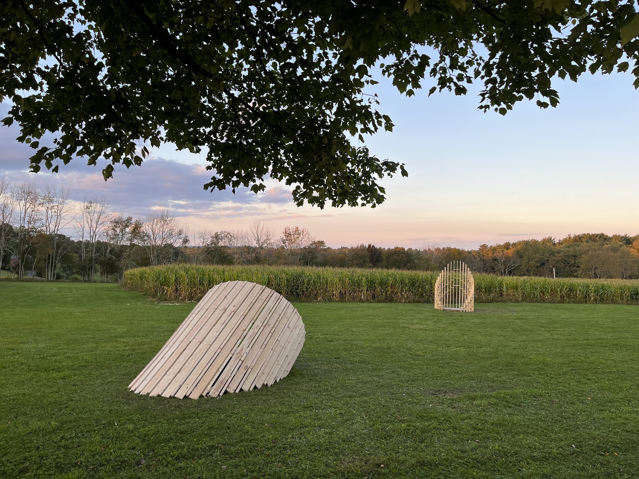 Image of two wooden outdoor art installation