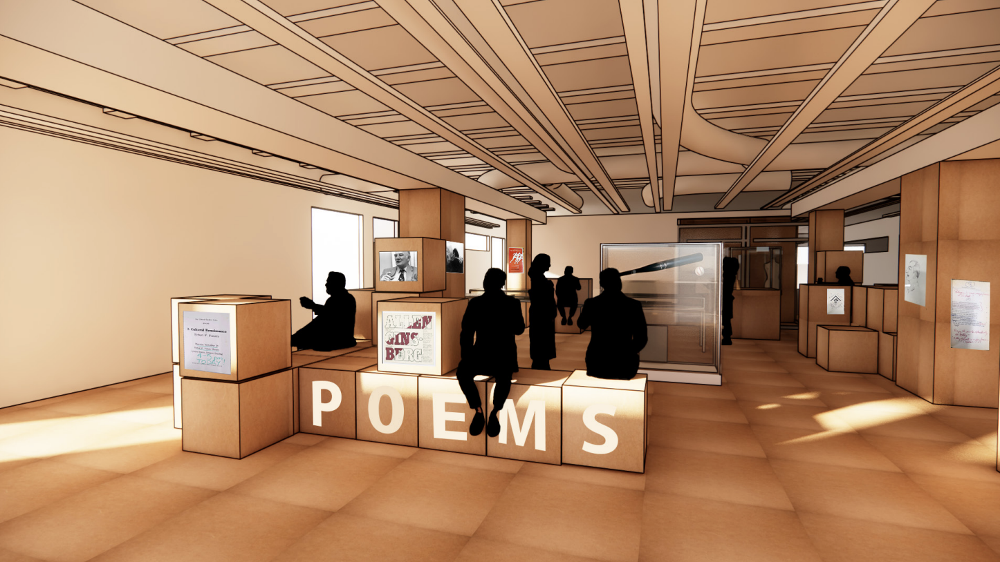 The image shows the use of cardboard stacked and aligned with intentional gaps between each unit, to creates a rhythm of solids and voids, and function as spatial dividers, a place to sit, and as wayfinding features, guiding visitors through the exhibition.