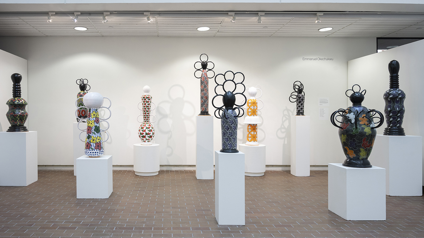 A display of ceramic vessels in RIT's Bevier Gallery.