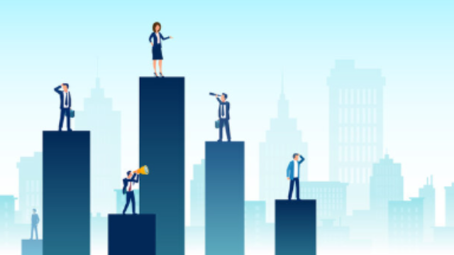 Cartoon business professionals standing on different platforms with different heights