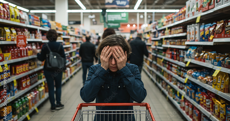 Woman in grocery store struggling to make a decision on what to buy