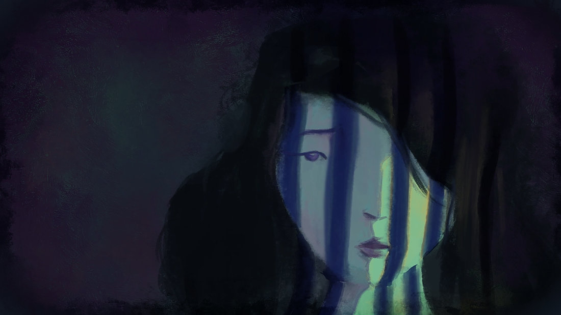 A 2D-animated character looking sad.