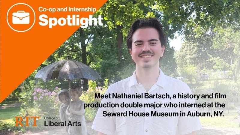 a photo and graphic featurning nathaniel at his internship site