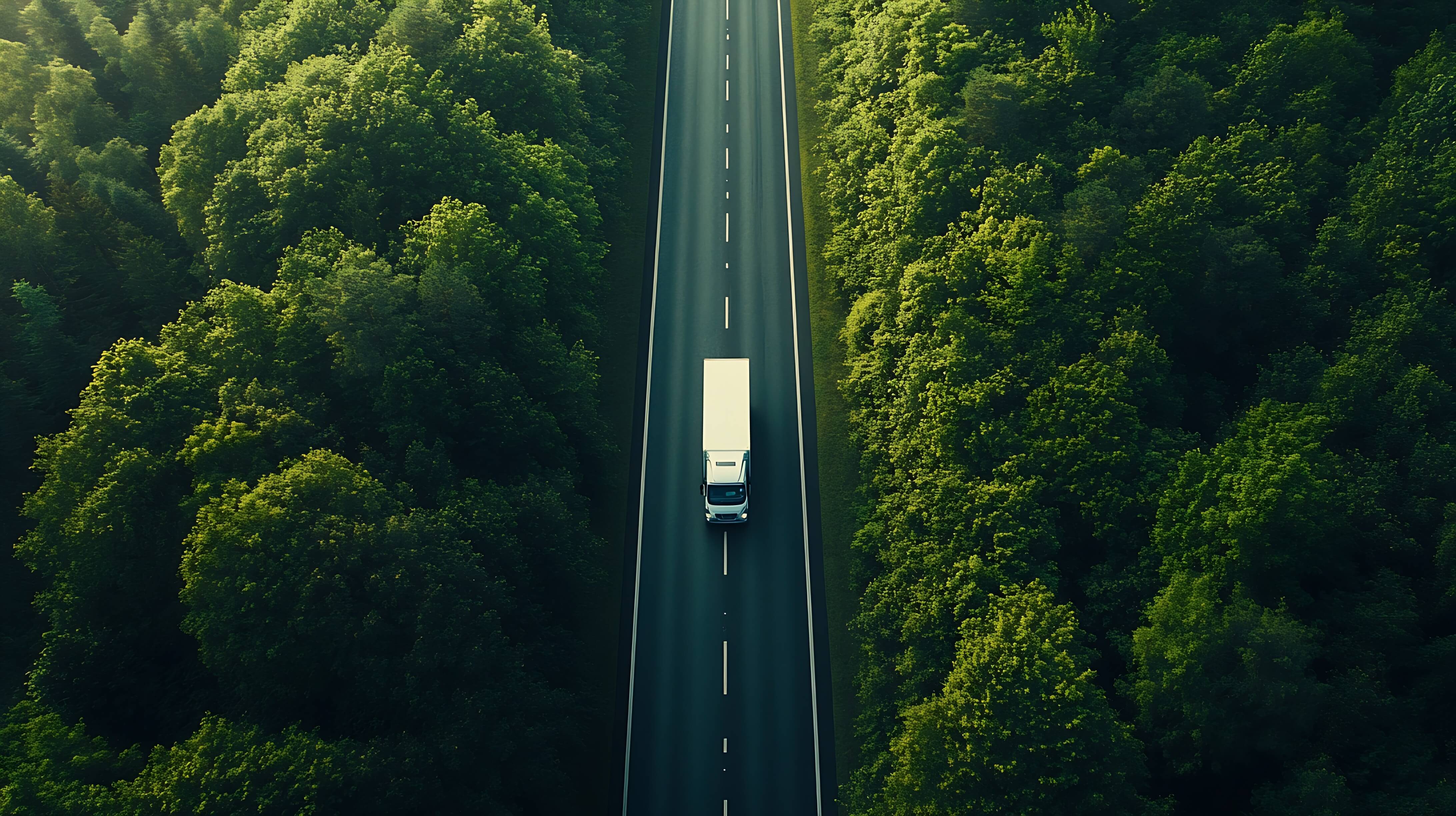 large truck driving on a road going through green trees
