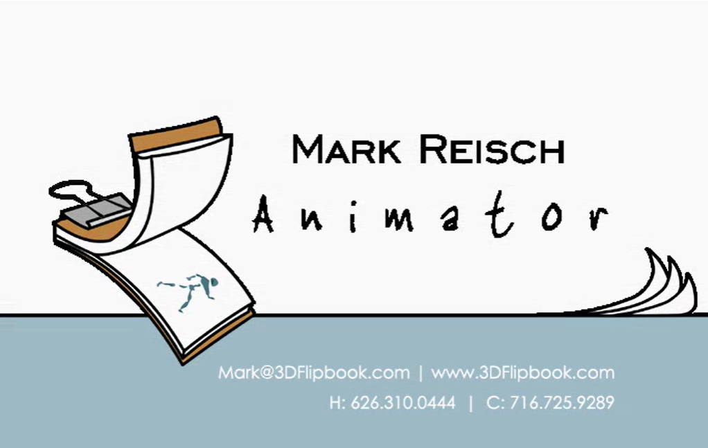 graphic with a cartoon flipbook and the words Mark Reisch, animator.