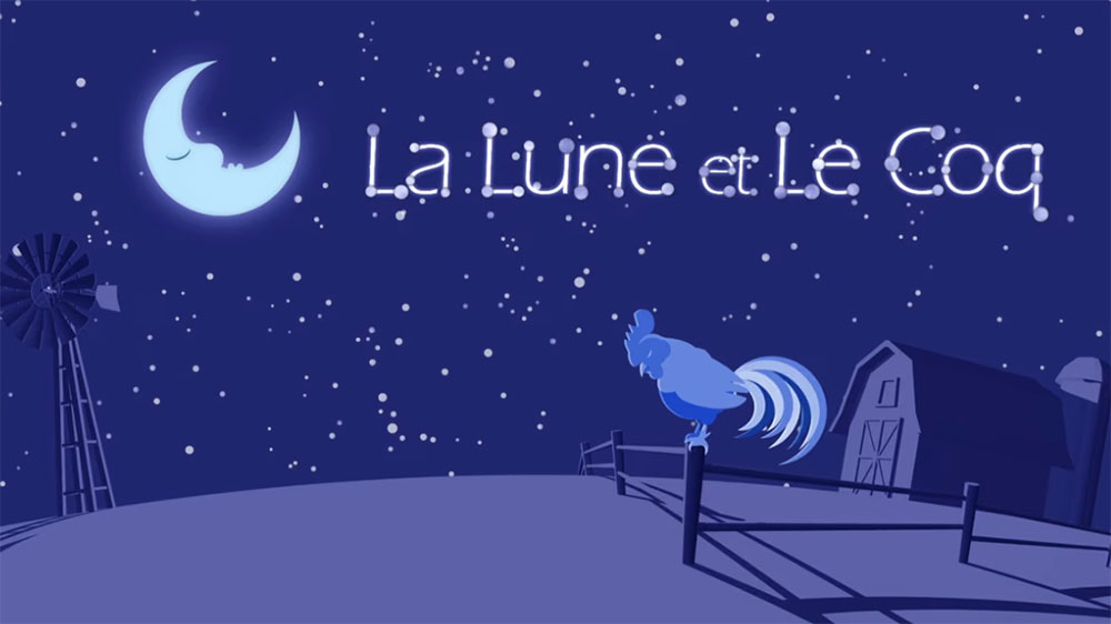 screenshot of title page for La Lune et Le Coq, showing a cartoon of a nighttime scene with the moon and a rooster asleep on a farm.