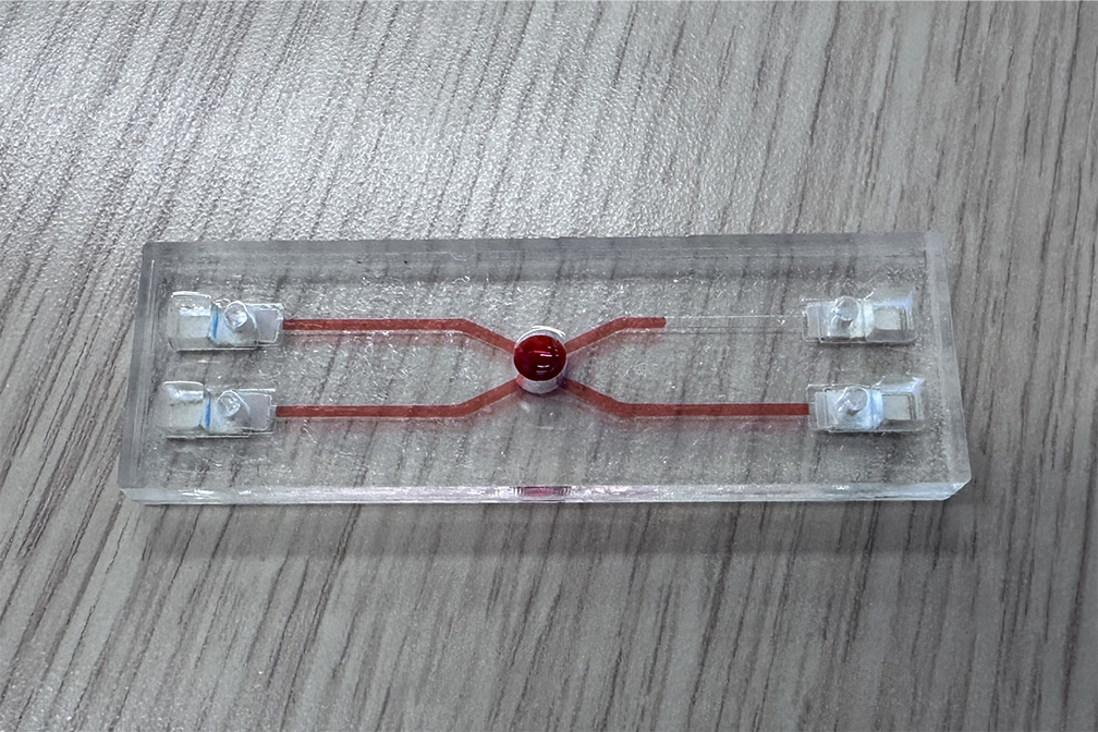 A prototype of a microfluidic device that determines ABO and Rh blood types.