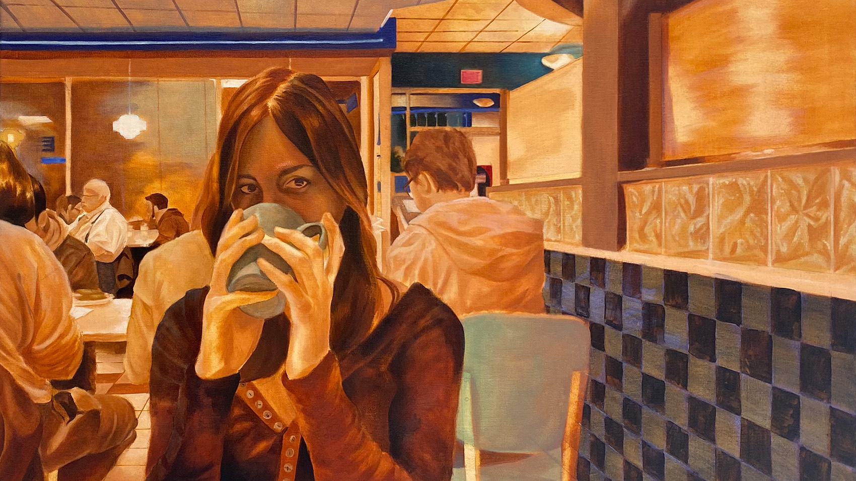A painting of a person sipping coffee in a diner setting.