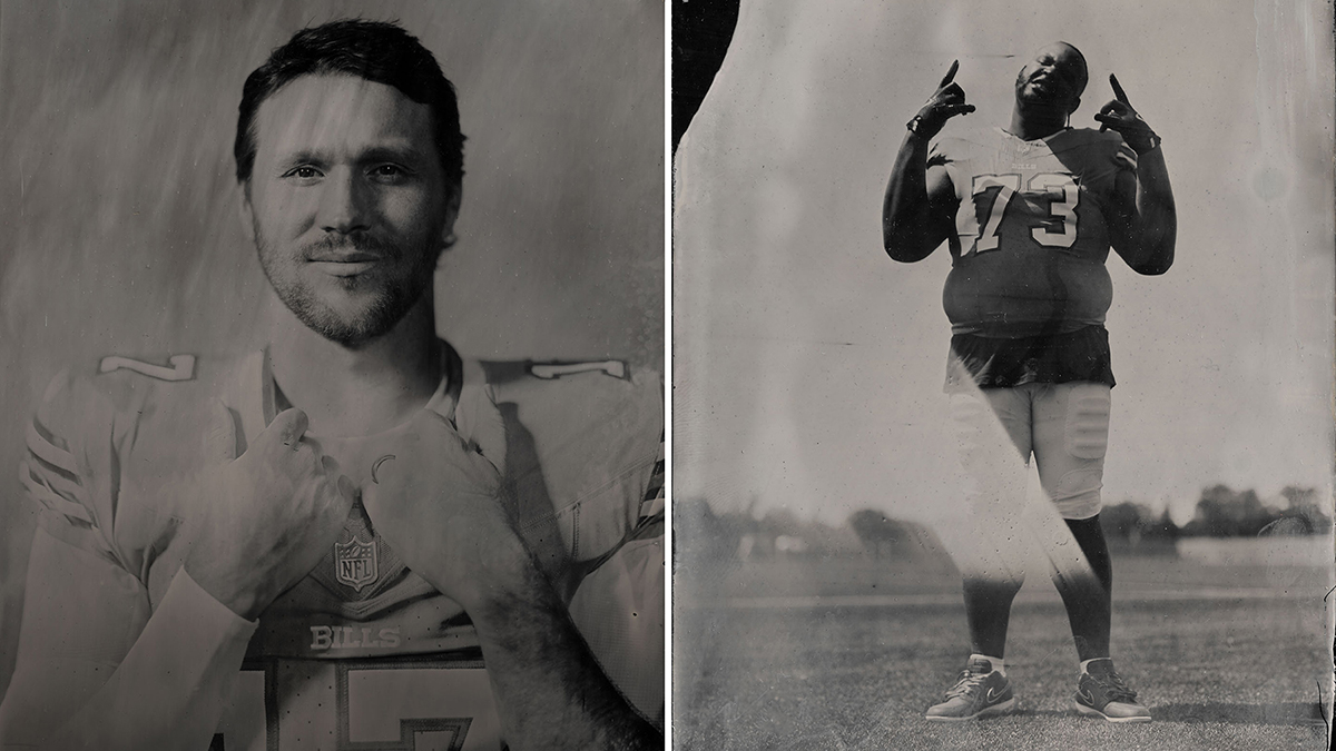 Tintype portraits of Buffalo Bills players Josh Allen and Dion Dawkins.