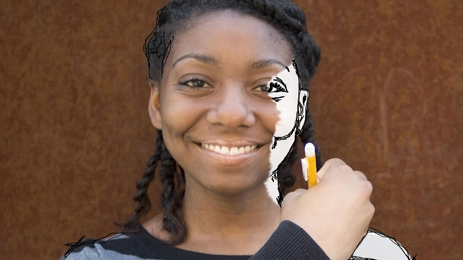 portrait of a smiling student with part of her body drawn in pencil.