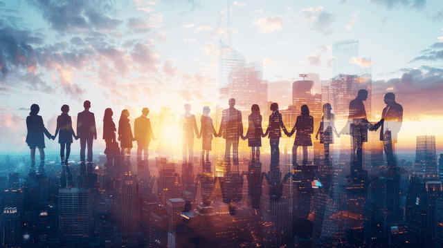People standing together holding hands.