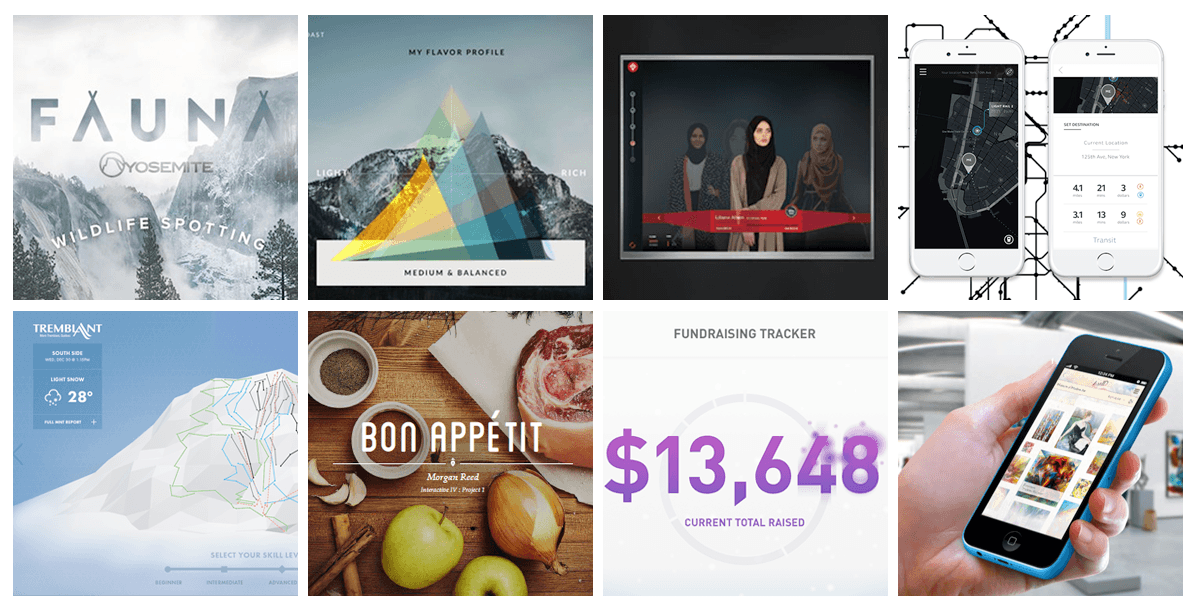 a collage of eight projects on data visualization.