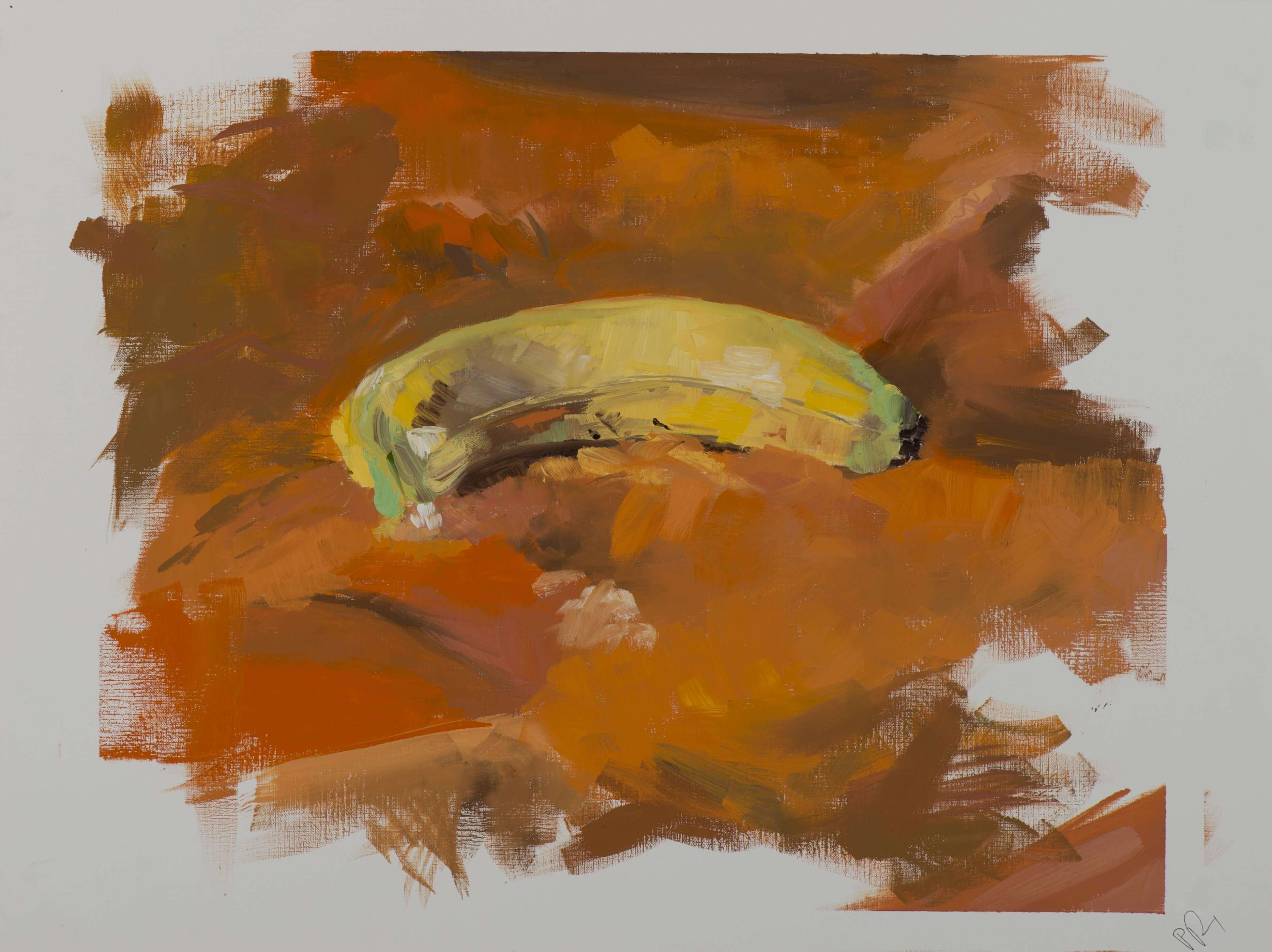 a painting of a banana on an orange background.