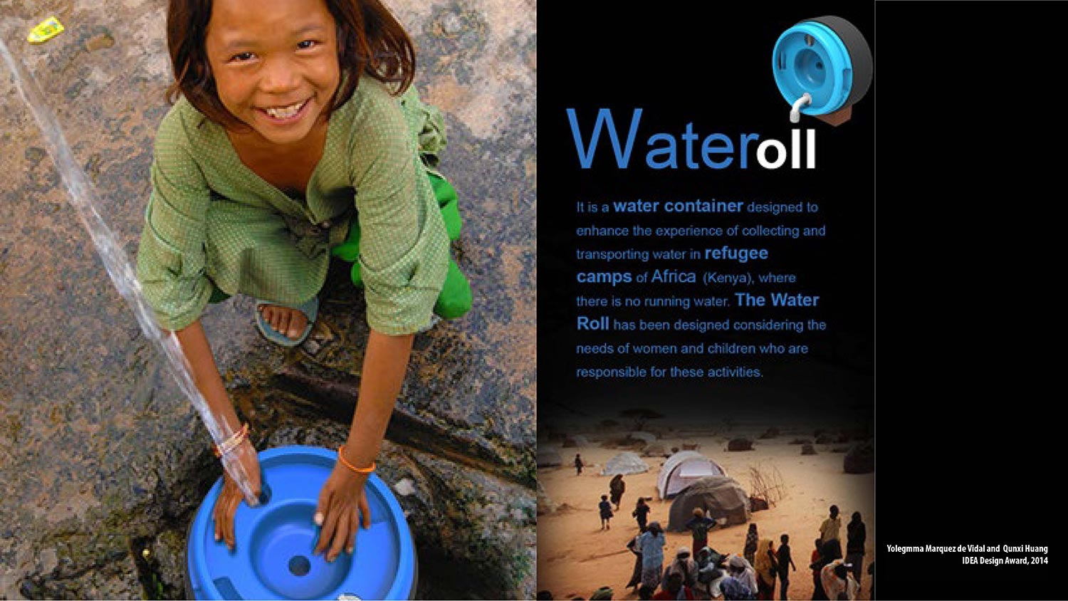 a marketing piece for Wateroll, featuring a smiling girl filling a barrel with water.
